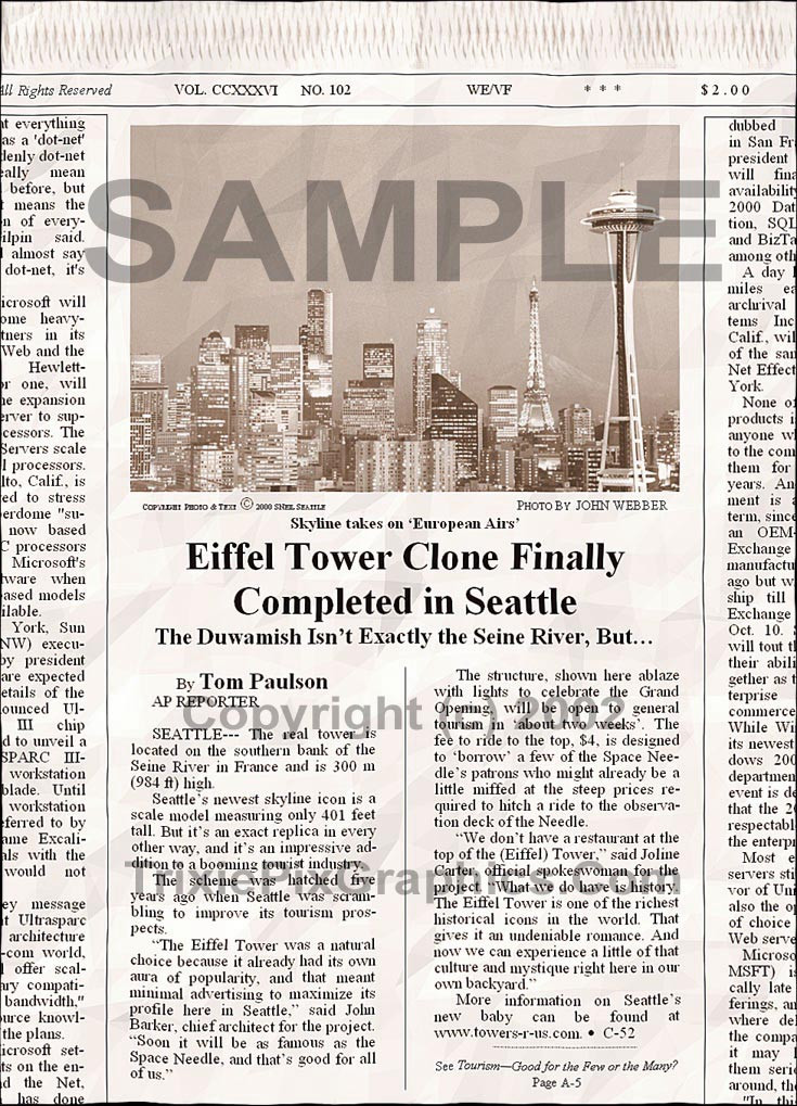Fake Joke Newspaper Article EIFFEL TOWER CLONE FINALLY COMPLETED IN SEATTLE
