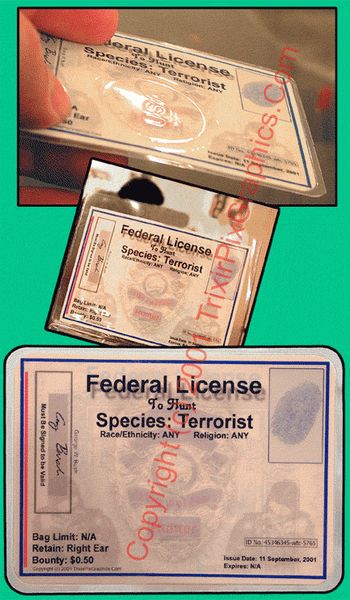 Terrorist Hunting Licenses (3 cards, wallet size)