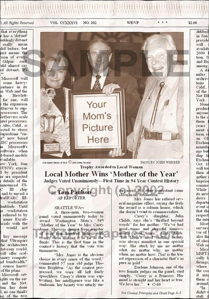 Fake Joke Newspaper Article LOCAL MOTHER WINS 'MOTHER OF THE YEAR'