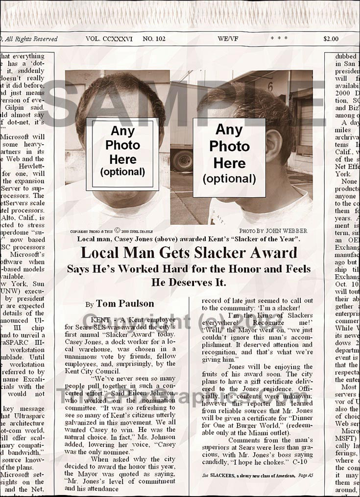 Fake Joke Newspaper Article LOCAL MAN GETS COVETED SLACKER AWARD