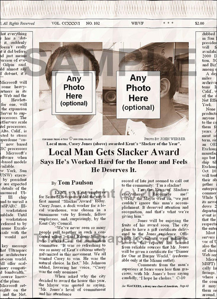 Fake Joke Newspaper Article LOCAL MAN GETS COVETED SLACKER AWARD