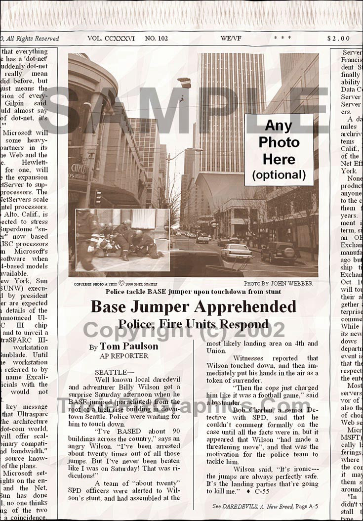 Fake Joke Newspaper Article BASE JUMPER APPREHENDED 
