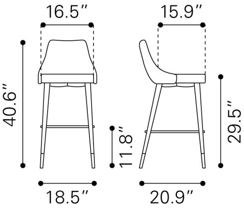Zuo Modern Piccolo Bar Chair Gray Velvet Dimensions