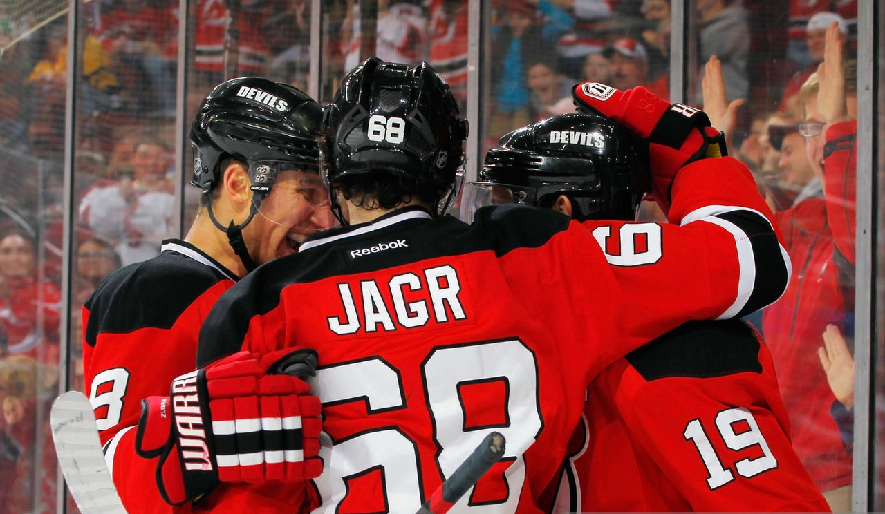 New Jersey Devils 2013-14 Red Jaromir Jagr Point #1700 and Goal #691  Passing Mario Lemieux Photomatched!! (SOLD) 