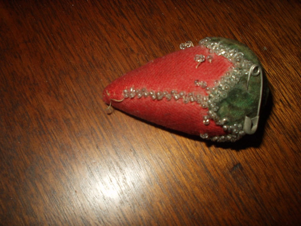 Antique Victorian Wool Velvet Beaded Strawberry Sewing Pincushion