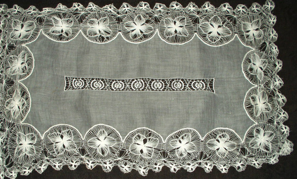 Early 1900s Sheer Organdy Tenerife Lace Edging Oblong Table Runner Early 1900s Sheer Organdy Tenerife Lace Edging Oblong Table Runner