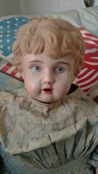 Vintage Compo Cloth Doll Tin Head Blue Calico Dress 1920s AS IS