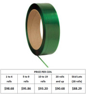 1/2" wide, 600 lb, 0.020" thick, 16" x 6" core, 7,200'/coil, Polyester Strapping (Green)