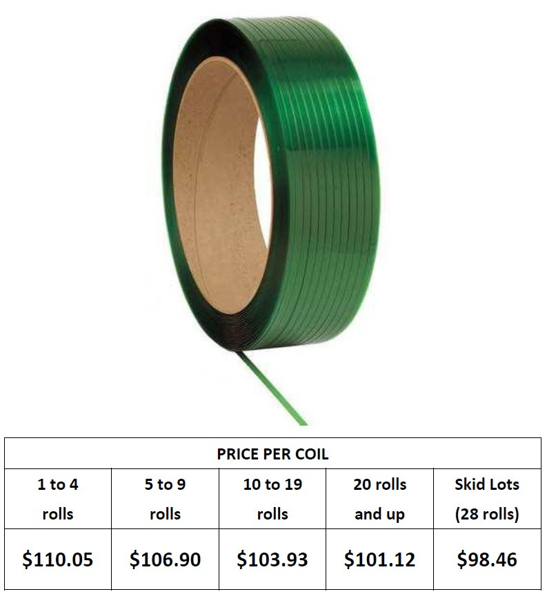 Polyester (PET) Strapping, 1/2 wide, 820 lb, 16 x 6 core, Green