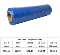 BLUE Colored Hand Grade Stretch Film, 18" wide, 80 gauge, 1,500'/roll, 4 rolls/case (SFP1808015BLUE)