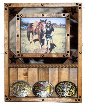 8x10 Frame and Buckle shelf combo - Cowhide
Great for Rodeo Awards and Barrel Racing Awards