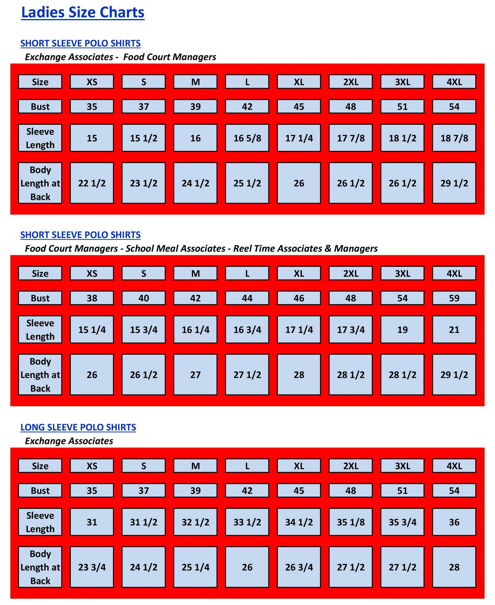 Size Chart Ladies Tops And Jackets