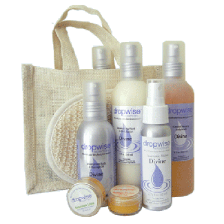 Divine Aromatherapy Spa Tote. Personal care products made with Lavender, Geranium and Clary Sage. Ideal for relieving stress. Safe for Pregnancy