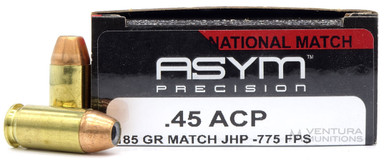 Asym Precision 45 ACP 185gr National Match Target JHP Ammo- 50 Rounds 