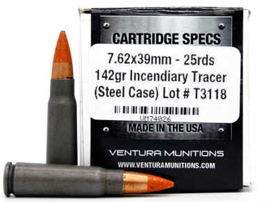 Ventura Tactical 7.62x39 142gr Tracer Steel Cased Ammo - 25 Rounds