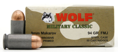 Wolf Military Classic 9x18 Makarov 94gr FMJ Ammo - 50 Rounds