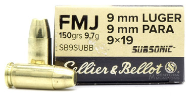 Sellier & Bellot 9mm Luger 150gr FMJ Subsonic Ammo - 50 Rounds