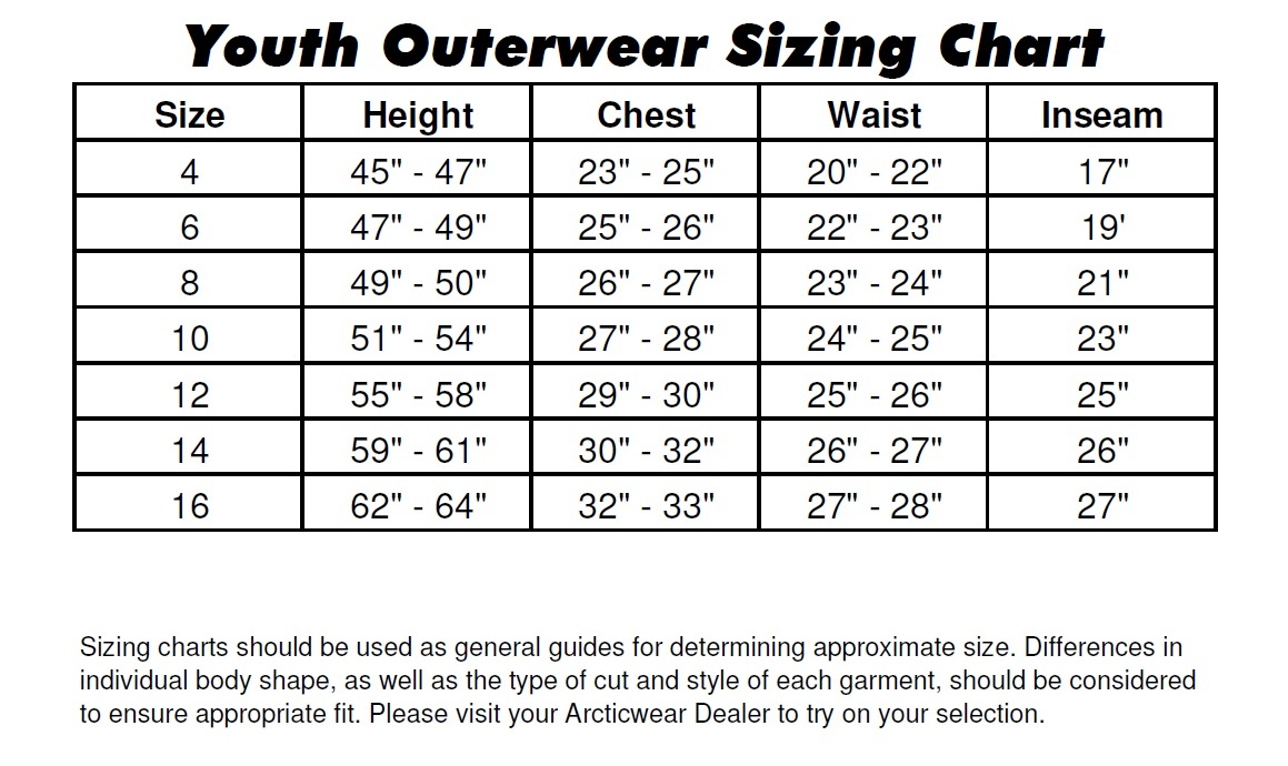 Youth Jacket Size Chart