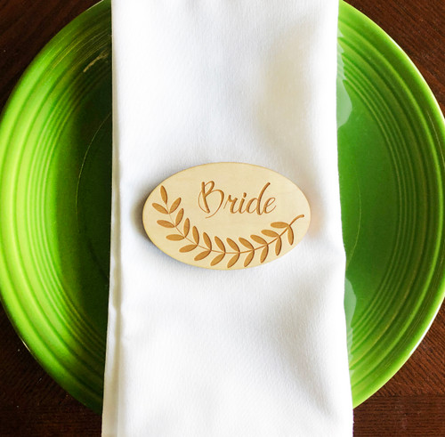 Olive branch wood oval engraved place cards