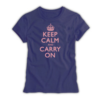 Keep Calm & Carry On Ladies Denim Blue & Pink T-Shirt