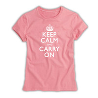 Keep Calm & Carry On Ladies White on Pink T-Shirt