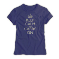 Keep Calm & Carry On Ladies Navy Blue Distressed T-Shirt