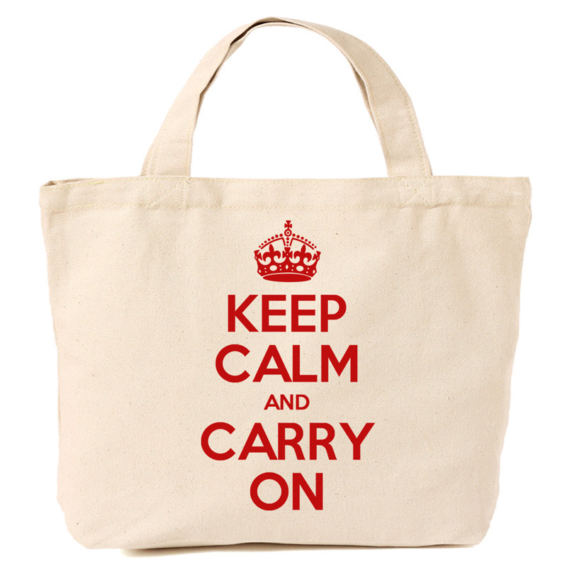 WW NEW POST DAILY KEEM CALM AND CARRY ON CROWN RED TOTE COTTON BOOK BAG 