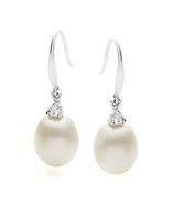Freshwater Pearl CZ Long Shepherd Hook Earrings