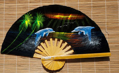 Velvet hand fan, assorted dolphin painting, package of 10