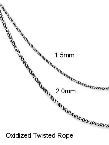 Oxidized Sterling Silver 2.0 mm Twisted Rope Chain - 1.5 & 2.0mm