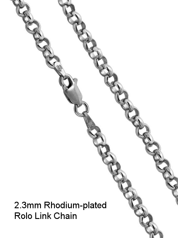 Rolo Link Sterling Silver 18" Chains - Rhodium-Plated, Lobster-Claw Clasp