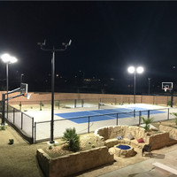 Square straight steel poles, bullhorn brackets, and LED Shoebox light fixtures illuminating the backyard sports court