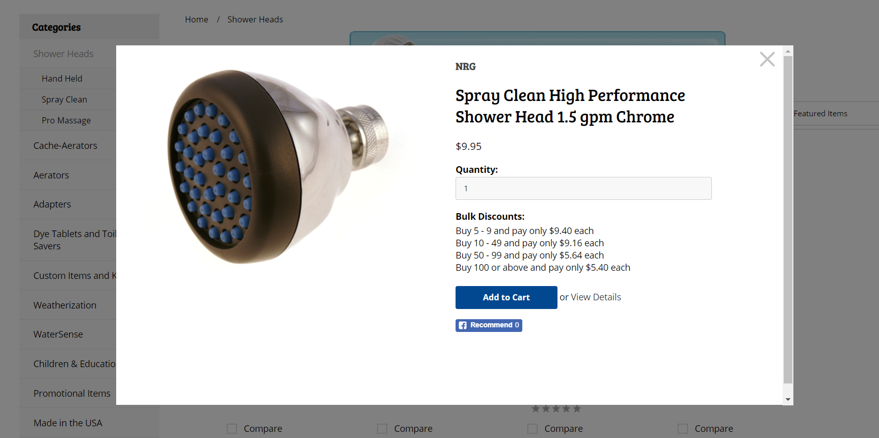 Quick view of price breaks for one of our spray clean water saving shower heads