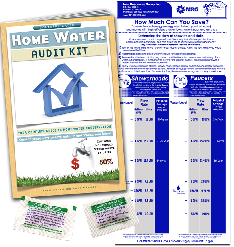 Water audit book with faucet flow gauge bag and leak detecting dye tablets