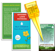 Outdoor water conservation kit with a six page lawn watering guide booklet, a magnet, and a rain gauge