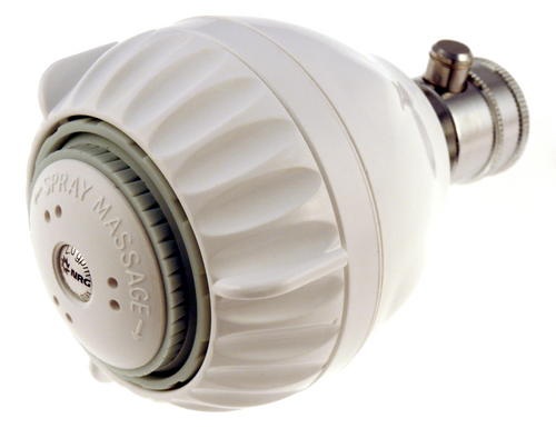 Water saving white shower head, 1.5 gpm, with 3 luxurious shower settings.