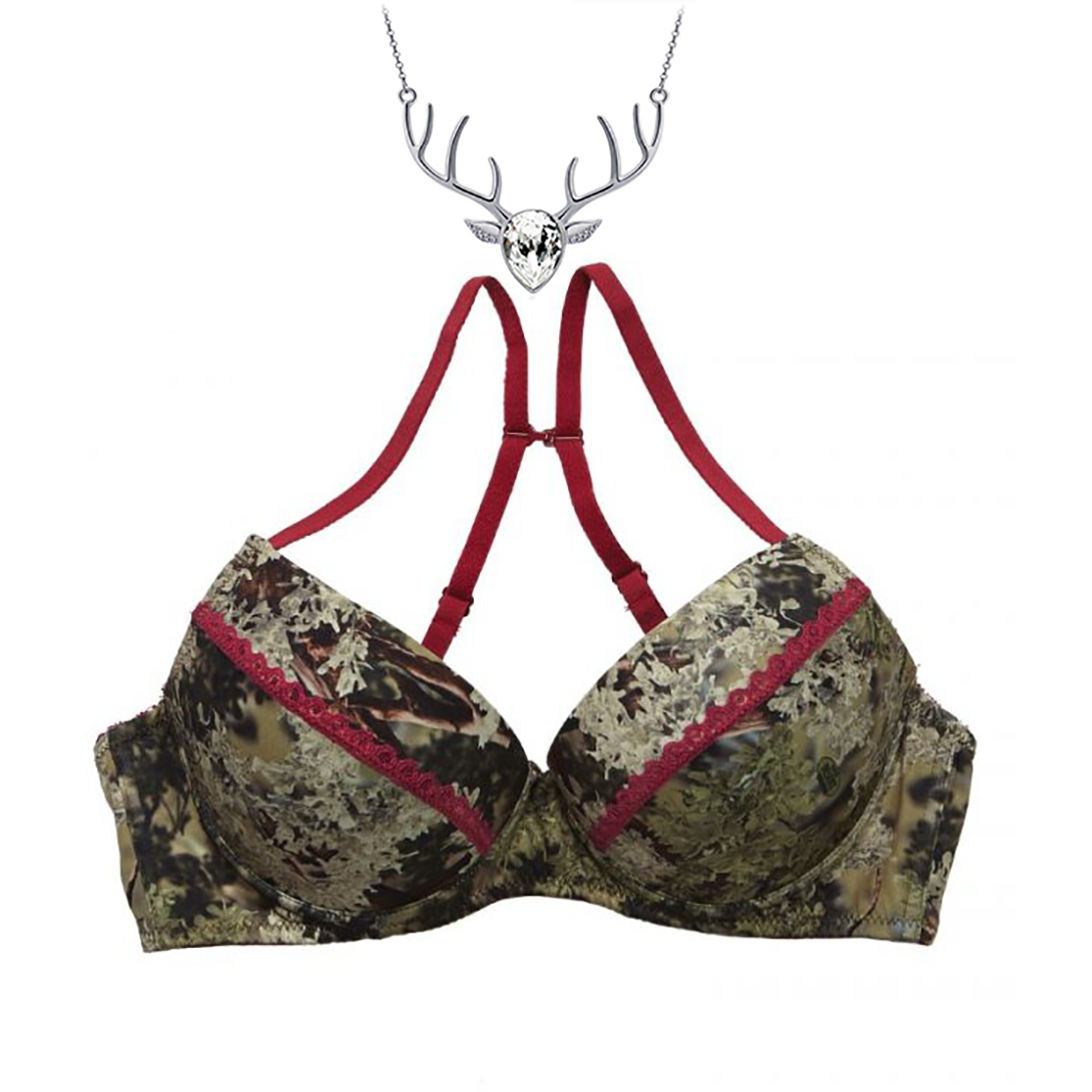 Camo Bra With Cranberry Lace and Free Necklace