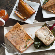 A delightful selection of wild salmon fillets, smoked salmon and salmon caviar (ikura)