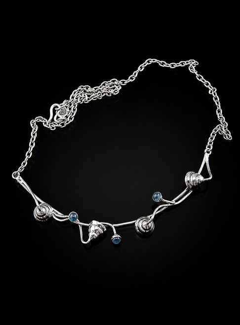 Handmade 950 silver necklace with curved silver detail and small blue agate crystal stone accents | Nine50