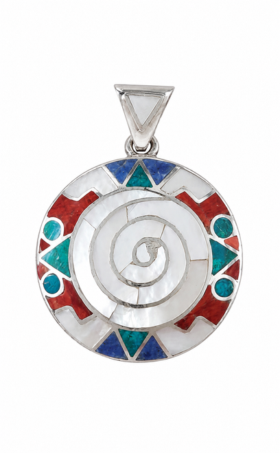 Nine50 Silver Spiral Pendant with Stone & Shell Inlay