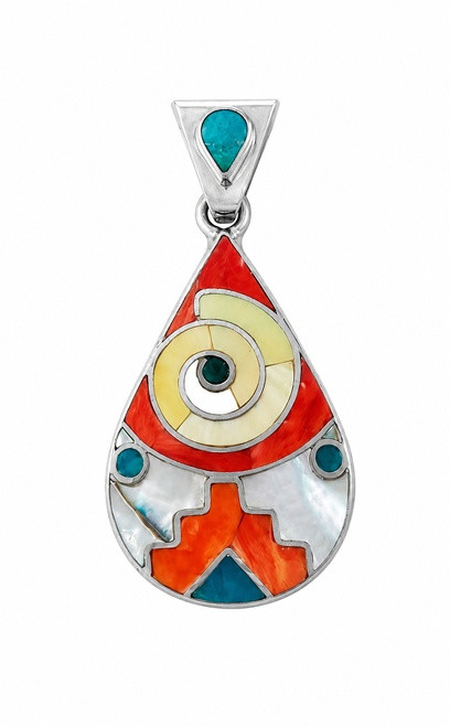Peruvian 950 Silver Teardrop Pendant with Stone & Shell Inlay