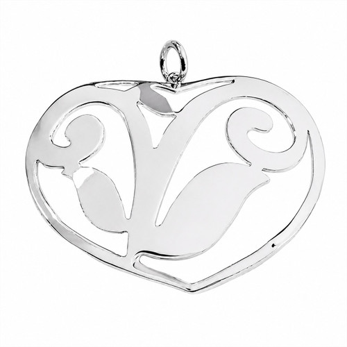 Large ornate cutout heart pendant handmade in Peru from 950 silver, featuring an openwork heart design with decorative curved silver detailing.