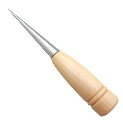 5" tapered awl with straight shaped wooden handle. Use this tool to pierce holes for marks to draw shapes during quilting.  Use this tool to press the overlapping fabrics gently to make sewing more smooth.