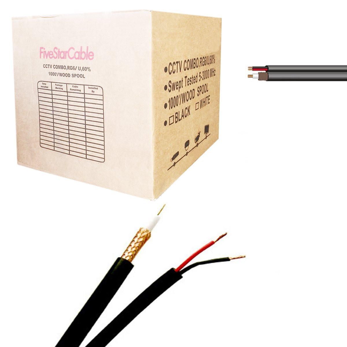 RG59 Plenum CMP Rated Siamese Combo Coax Bulk Cable RG59/U Five Star Cable 1000 ft 18AWG 2 Conductor Power Solid Copper Plenum UL Listed White Cable RG59 Plenum CMP Rated Siamese Combo Coax Bulk Cable RG59/U Five Star Cable 1000 ft 18AWG 2 Conductor Power Solid Copper Plenum UL Listed White Cable