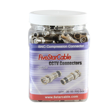 5 Star Cable Professional Grade BNC Male RG59 Compression Coax Connectors. Pack of 100 pcs in Grip Jars