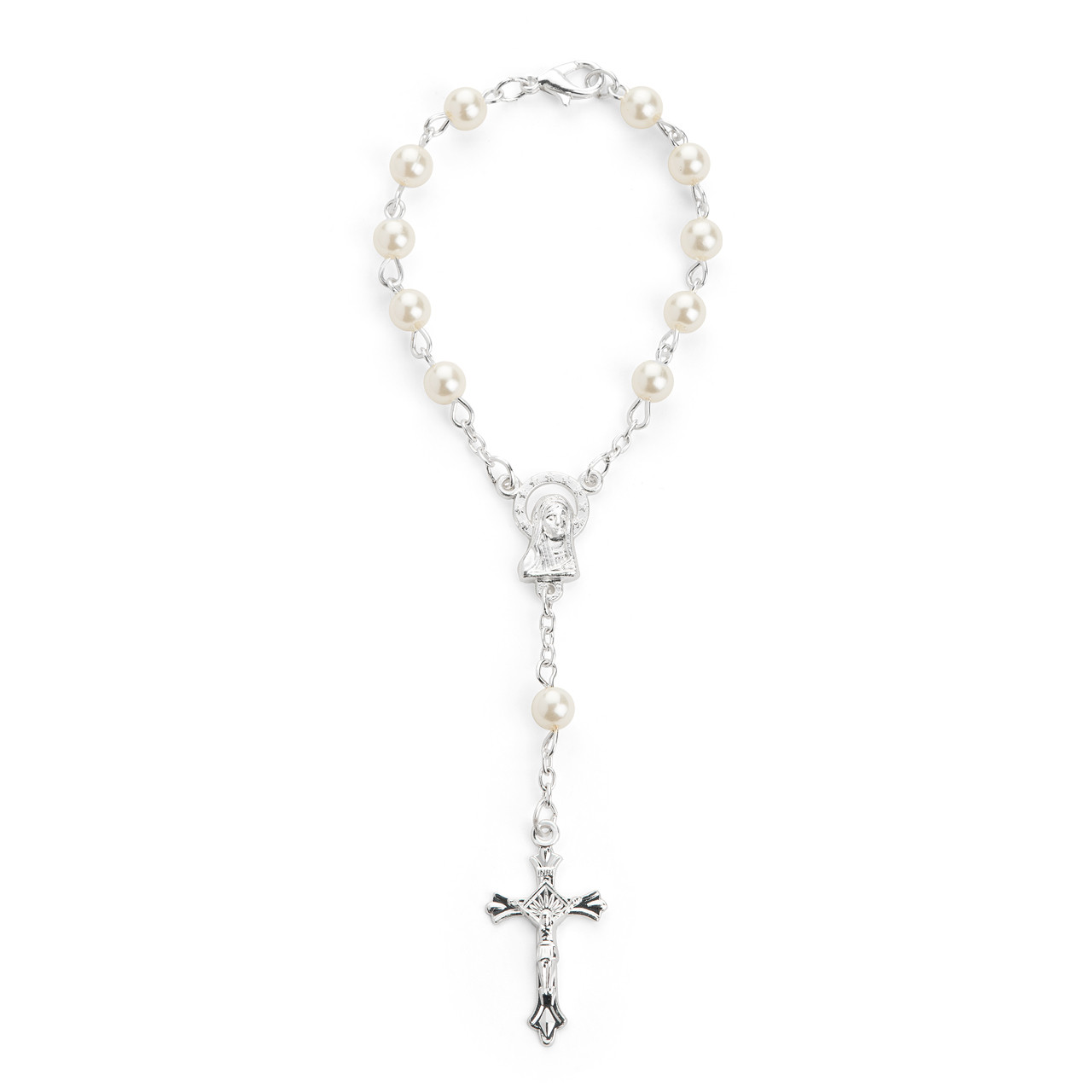 Rosary Bracelet with imitation Pearl Bead Silver Plated Chain