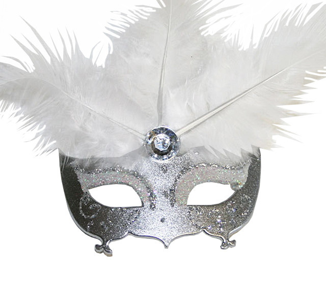 Venetian Glitter Crystal Masquerade Party Mask with Feather and Stick -  White Gold