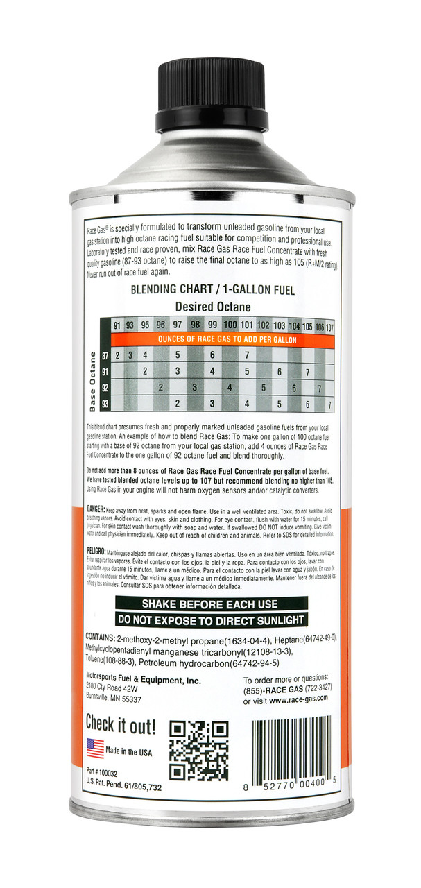 RACE-GAS Race Fuel Concentrate 100 to 105 Octane , 16oz ...
