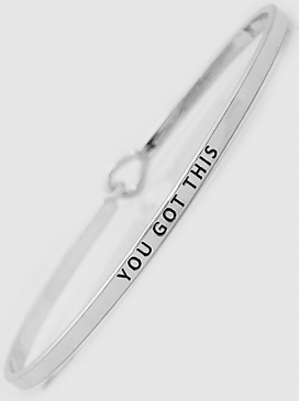 you got this thin bangle, silvertone plated brass bracelet features a hook release for easy on/off 