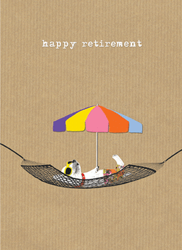 retirement card, hammock, relax, enjoy, printed in the USA on recycled textured paper. Comes with color co-ordinated envelope. Packaged in cello jacket. Size:   4 1/2 x 6 1/4 